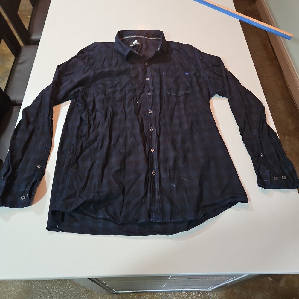 Rock & Republic Black and Dark Blue Plaid Long Sleeve Button Down Mens Shirt XL